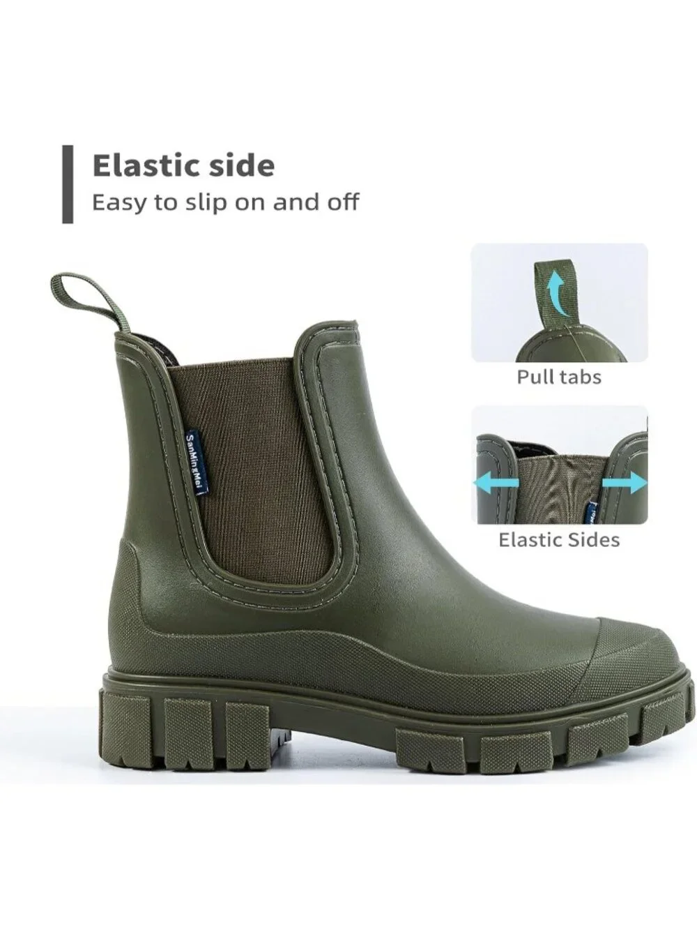 Women's Green Waterproof Slip-Resistant Rubber Short Ankle Chelsea rain Boots